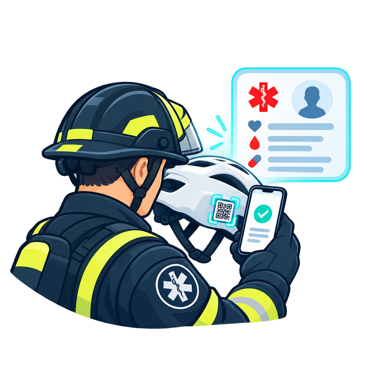 Responder scans a helmet QR code and sees emergency details on a phone