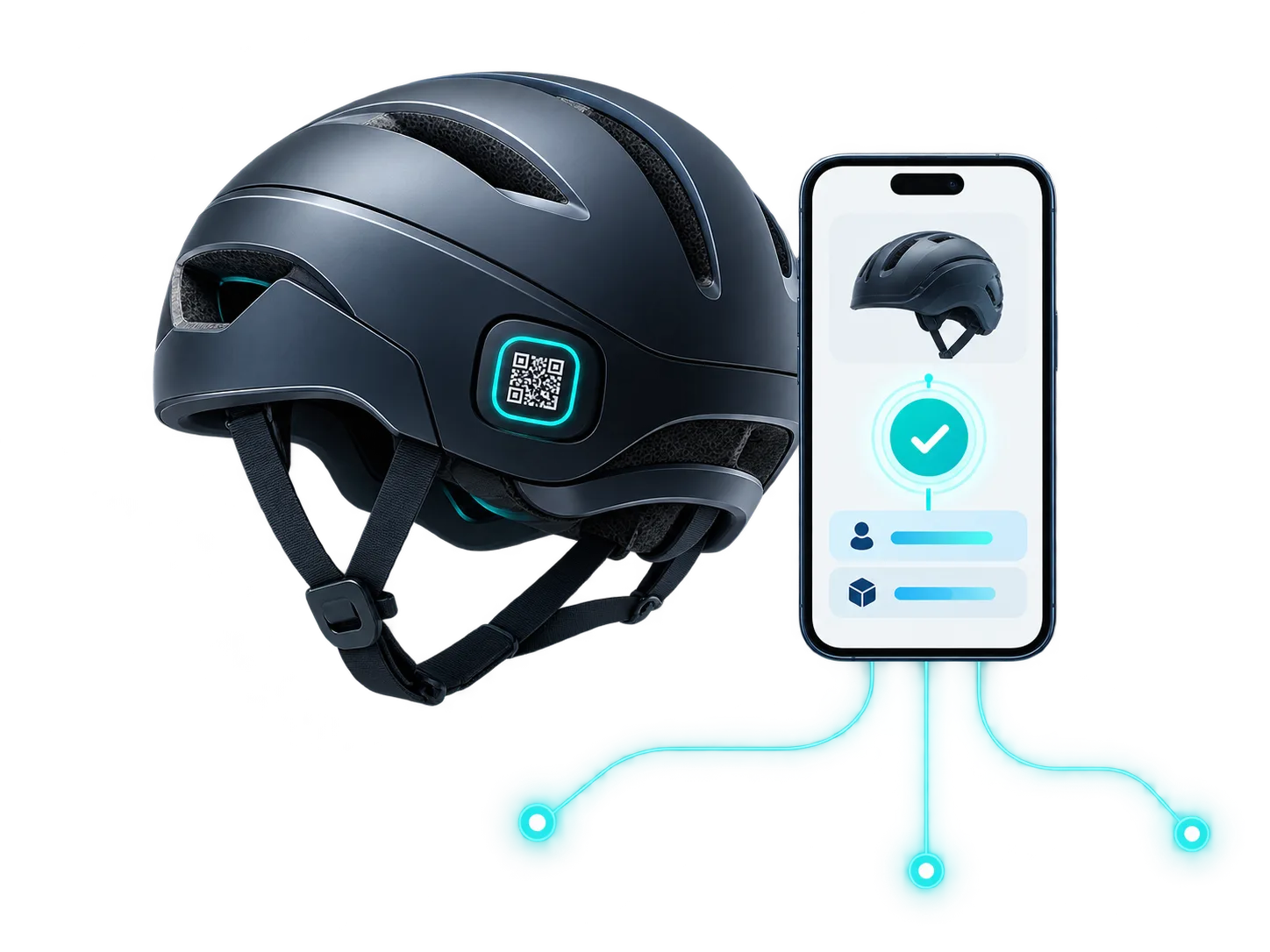 QR-equipped helmet beside an activated phone profile