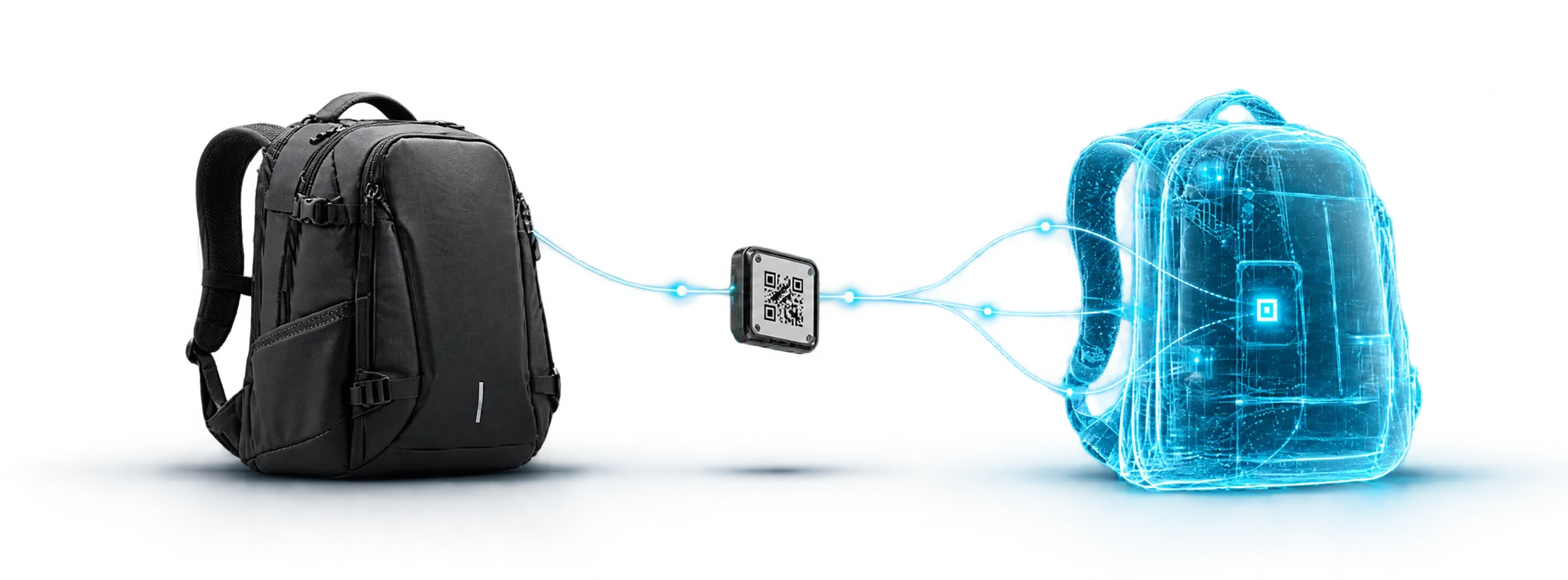 Technical backpack, detached QR product-ID plate, and a glowing digital twin connected by data paths