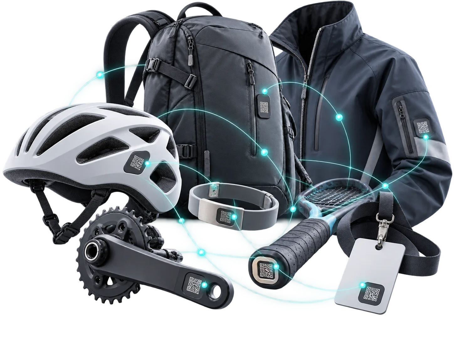 Connected safety gear: a helmet, backpack, jacket, Medical ID bracelet, bike and equipment tags linked by QR access points