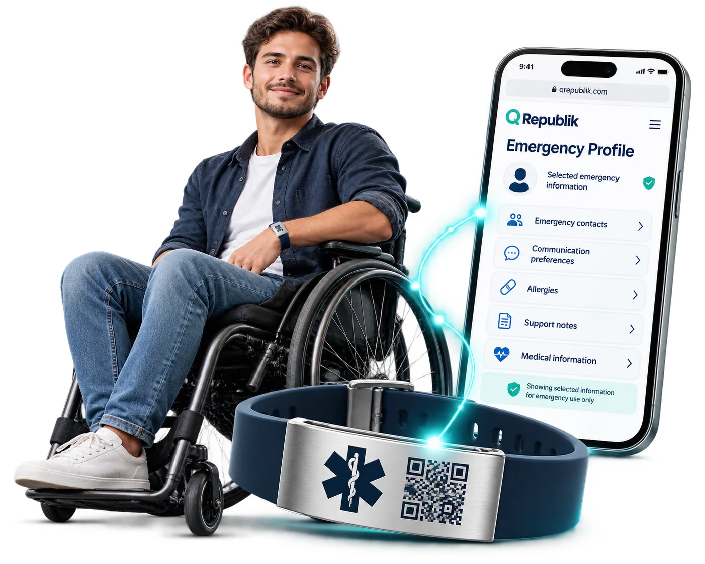 An adult participant in a wheelchair wearing a QRepublik Medical ID bracelet beside a smartphone displaying emergency information
