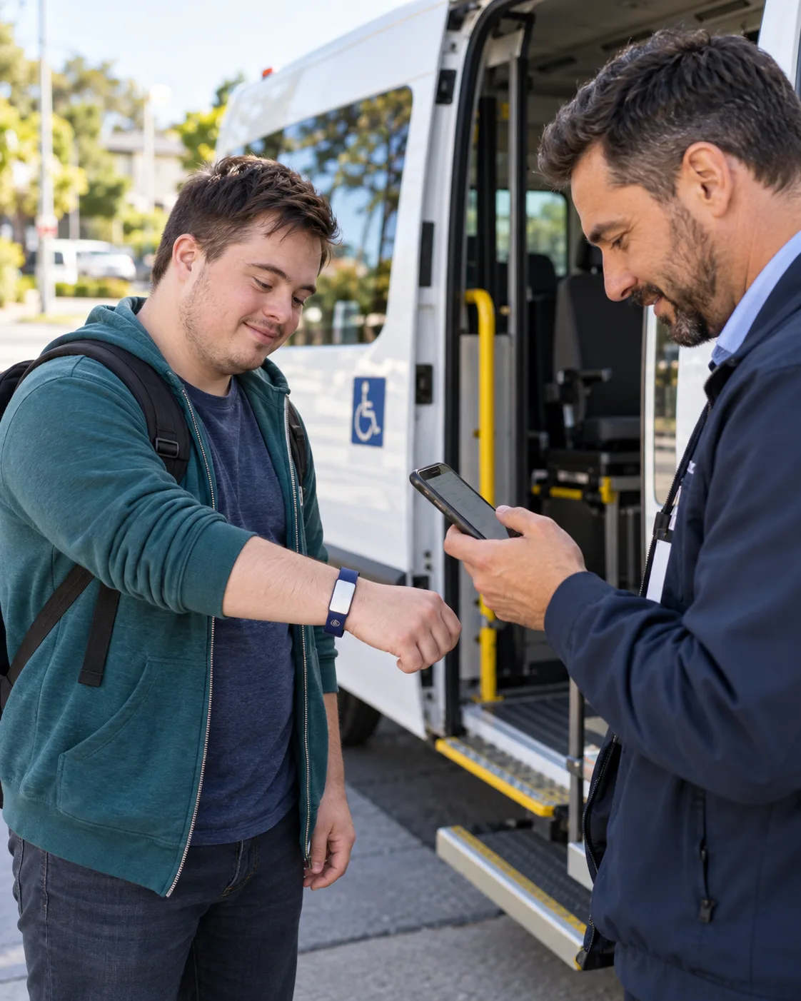 A participant showing his QRepublik Medical ID bracelet to a community transport driver