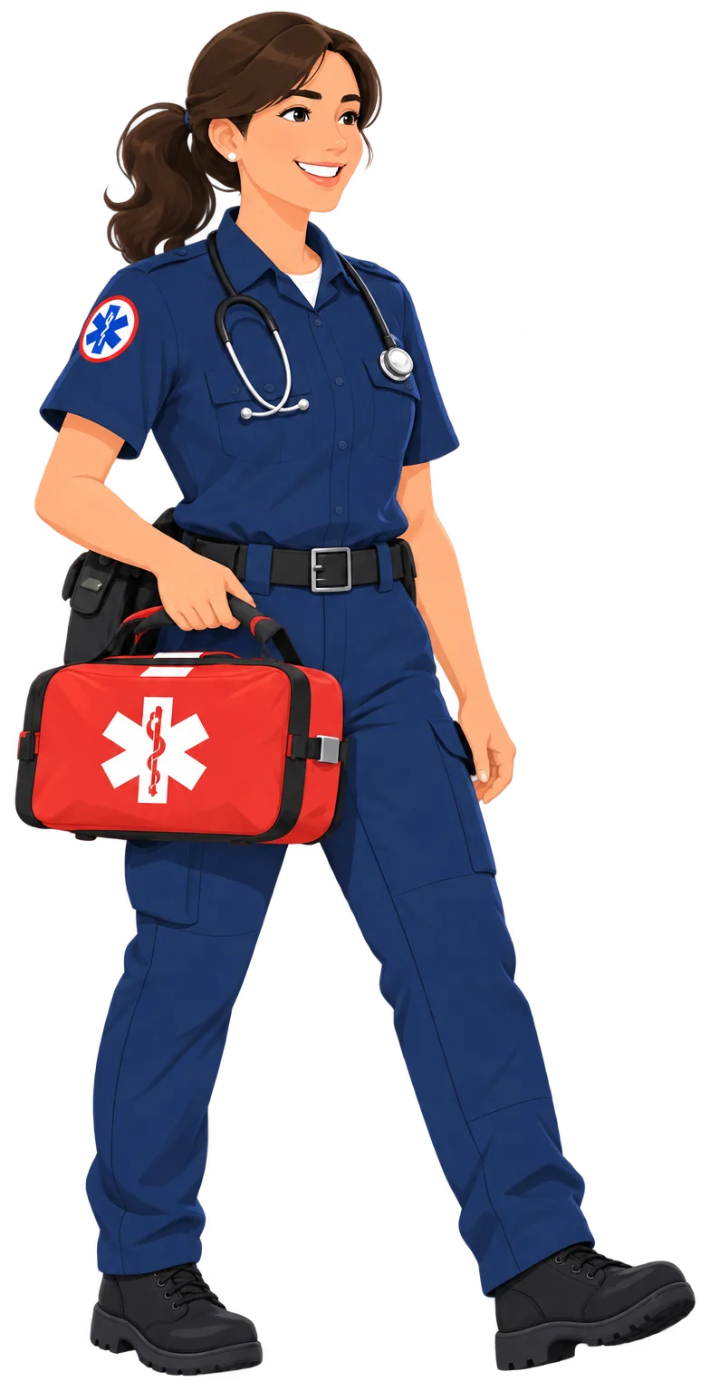 Paramedic with a stethoscope carrying a red emergency bag