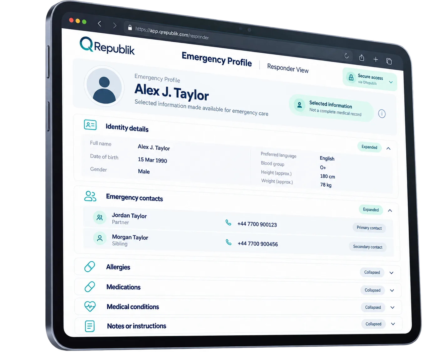 Illustrative QRepublik browser-based responder view showing selected emergency information
