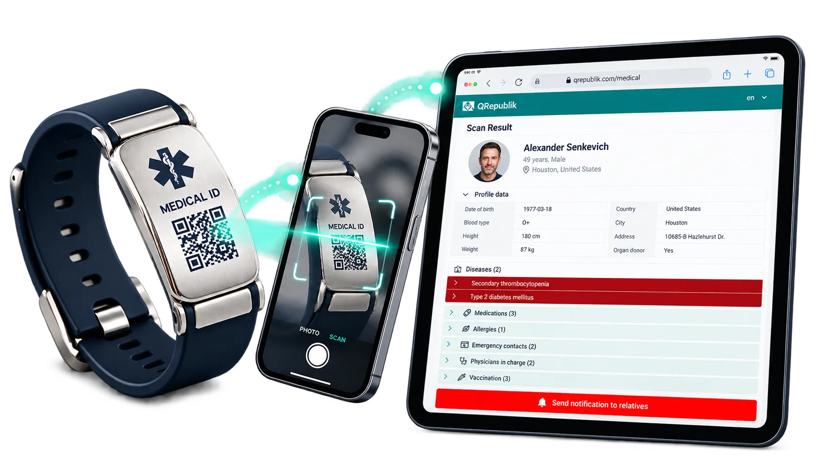 Medical ID bracelet, QR scan and browser-based responder view