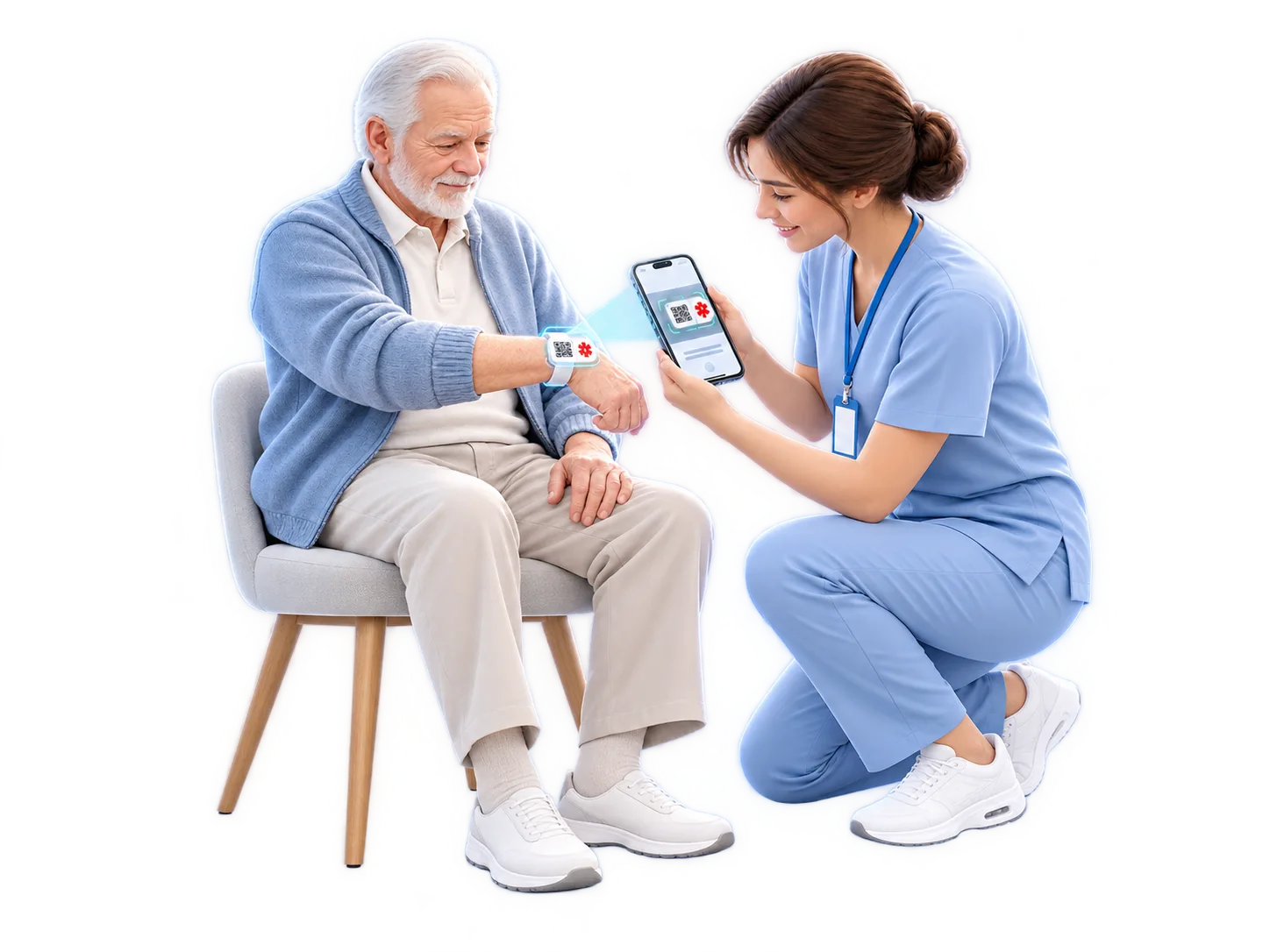 Care worker scanning the Medical ID bracelet on an older resident’s wrist