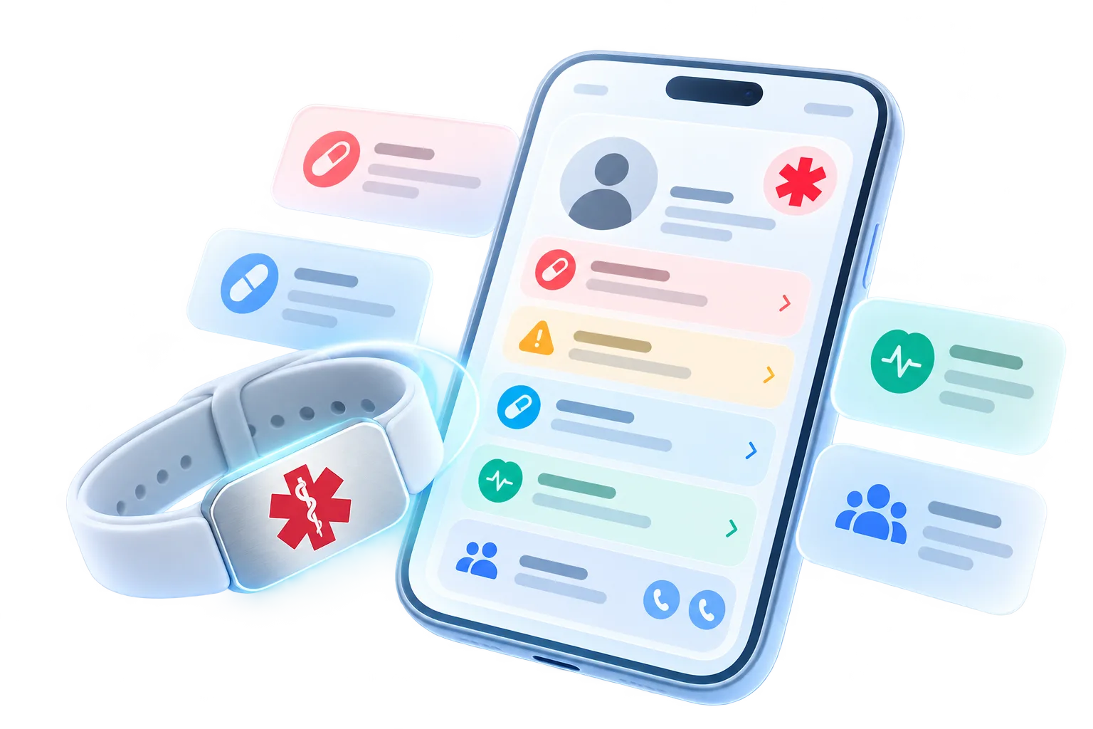 Medical ID bracelet beside a phone displaying selected emergency profile details