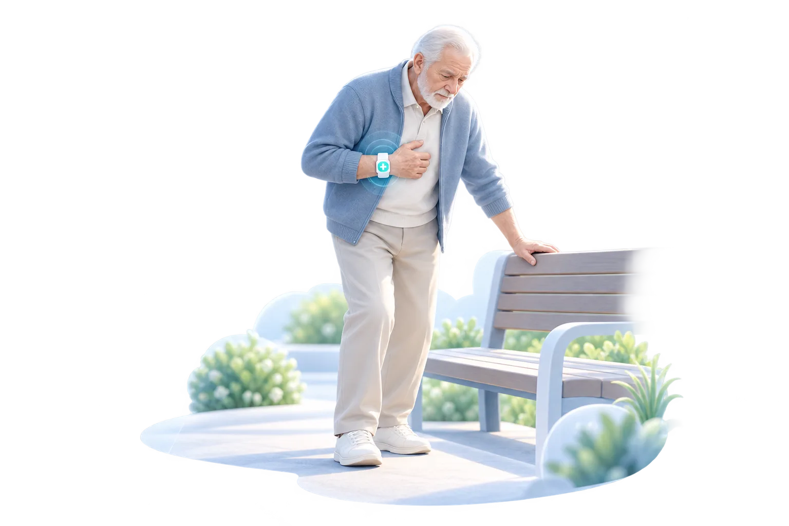 Older resident feeling unwell beside a bench outdoors, wearing a Medical ID bracelet