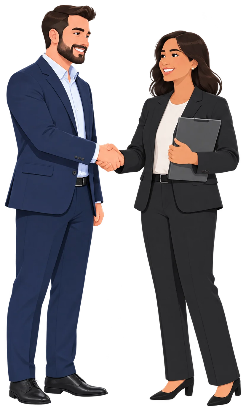 Two business partners shaking hands, one holding a folder