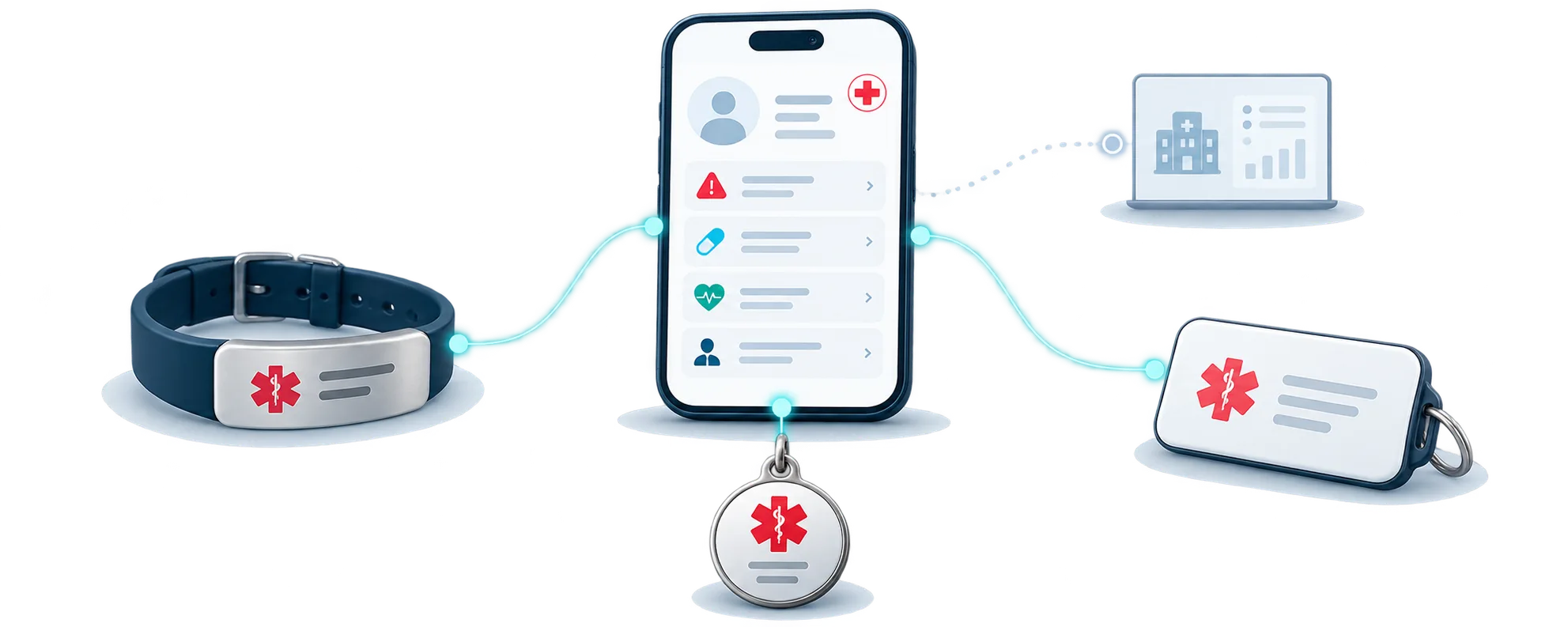Medical ID bracelet, tag and keychain linked to an emergency profile and a care organization