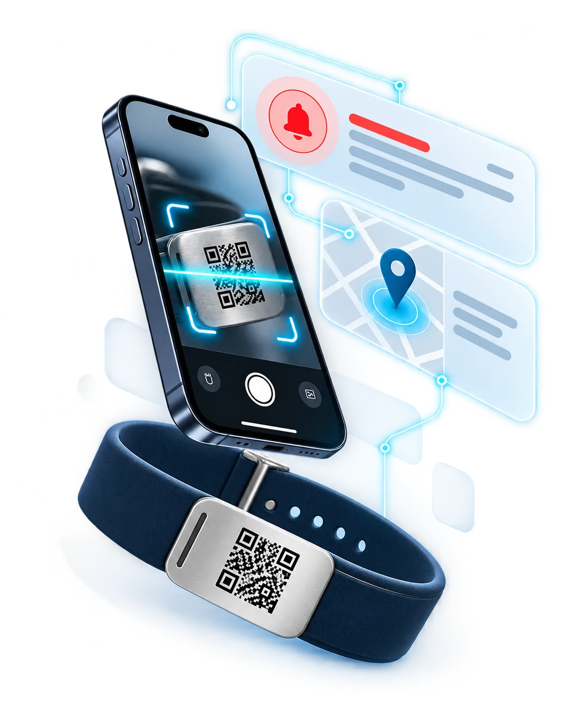Medical ID QR wristband and phone scan with incident alert and location