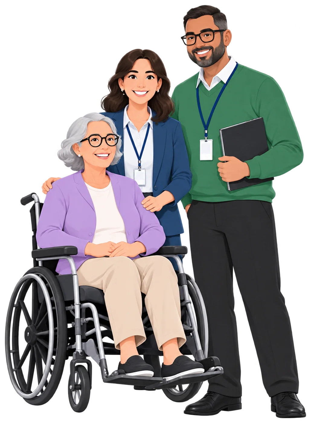 Older woman in a wheelchair with two care professionals