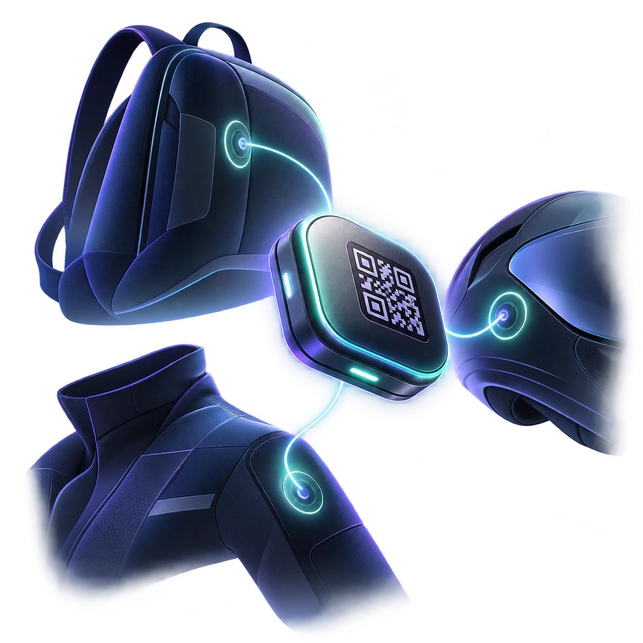 Backpack, jacket and helmet connected through a QR access point