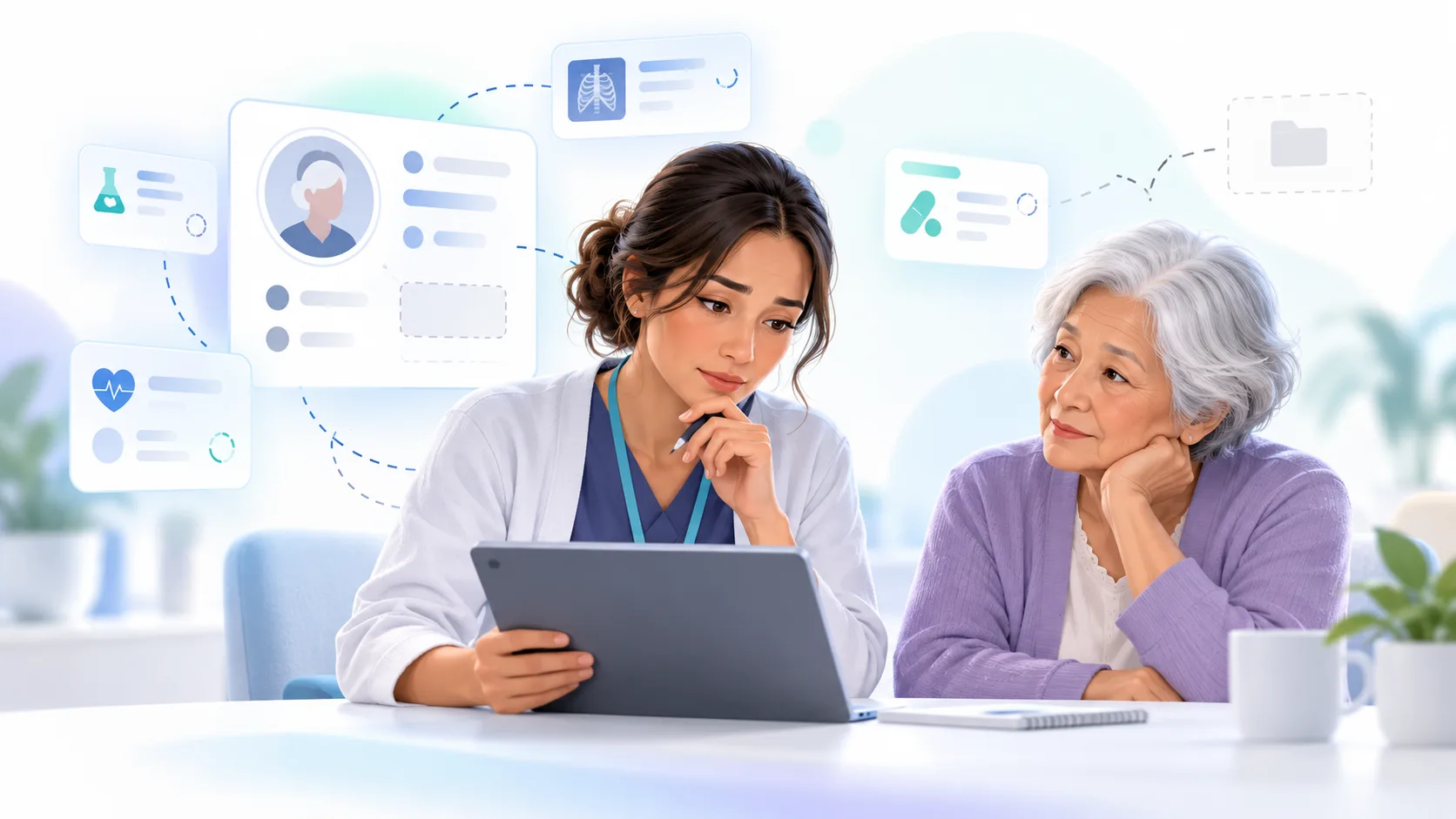 Care professional reviewing health information with an older adult