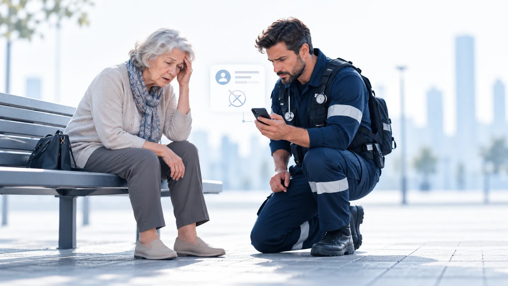 Emergency responder helping an older adult who needs assistance