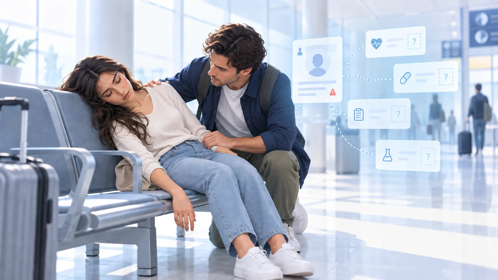 Traveler receiving help in an airport with medical information context