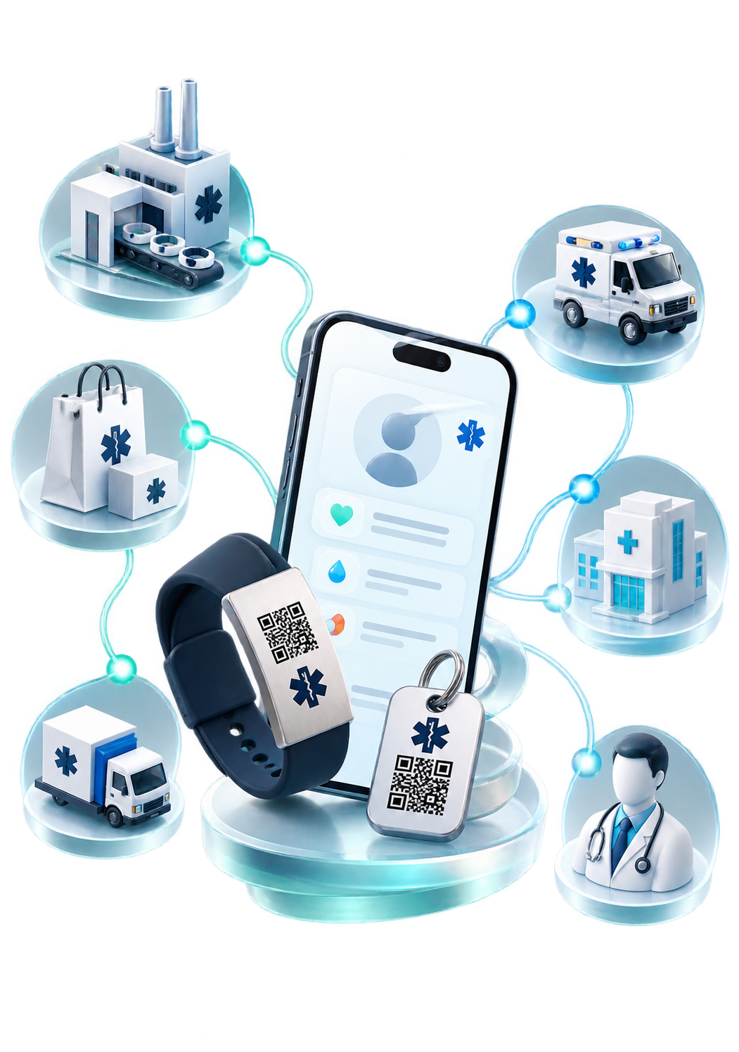 Connected Medical ID products linking manufacturing, retail, emergency responders and healthcare organizations