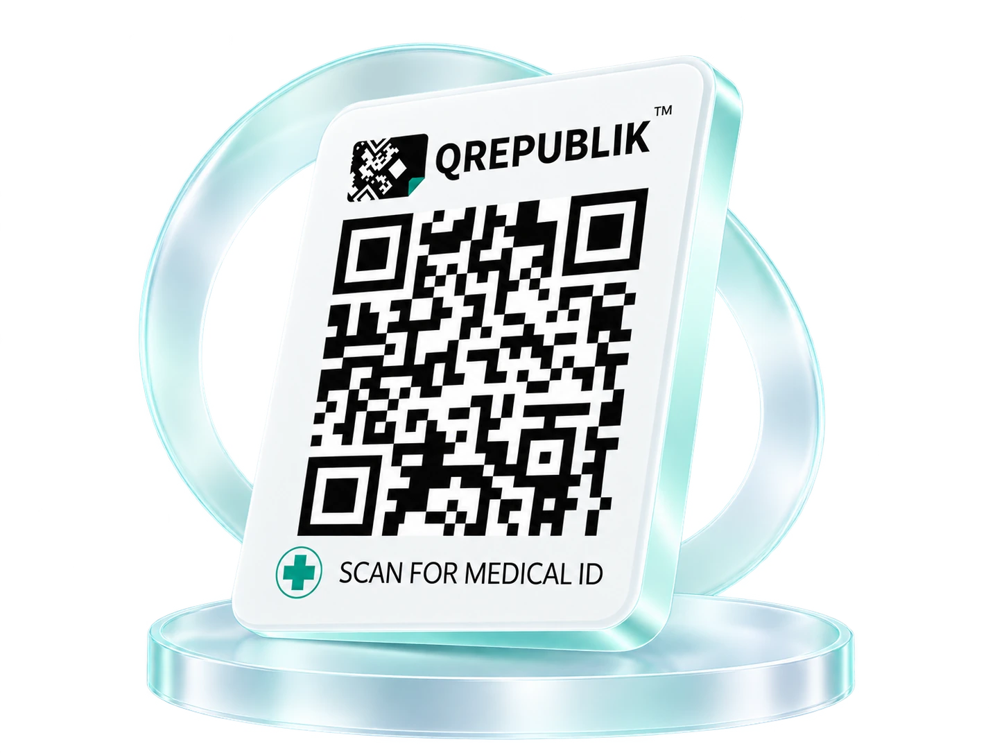 Floating QRepublik QR Medical ID card with a glossy circular platform