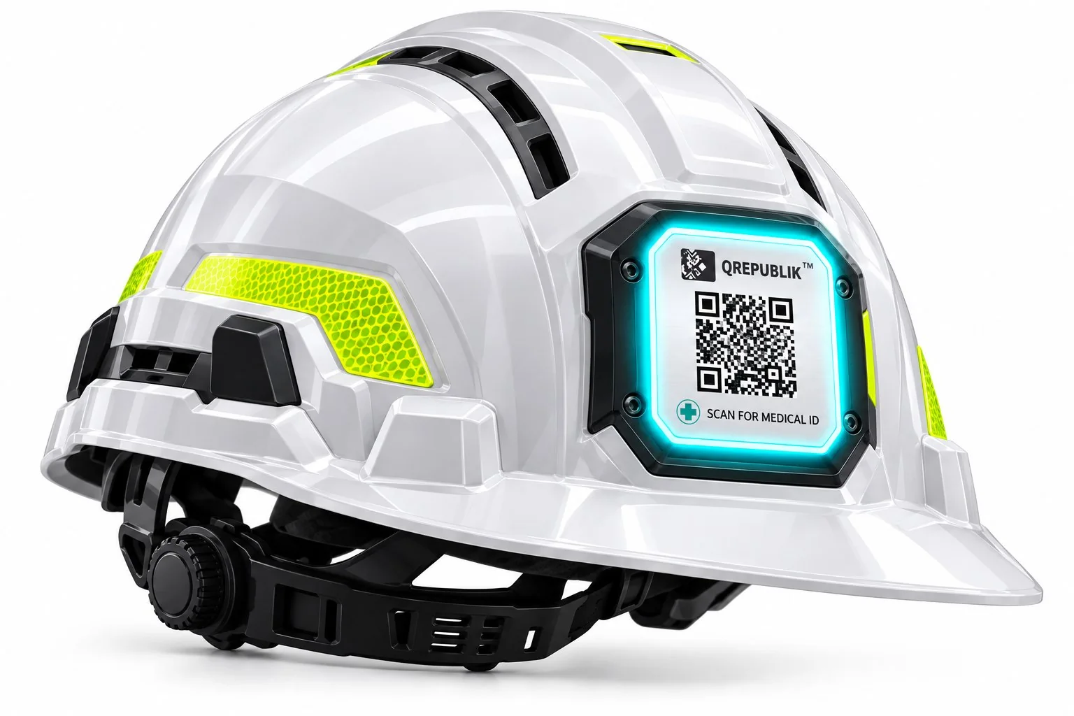 White work helmet with a QRepublik QR access point