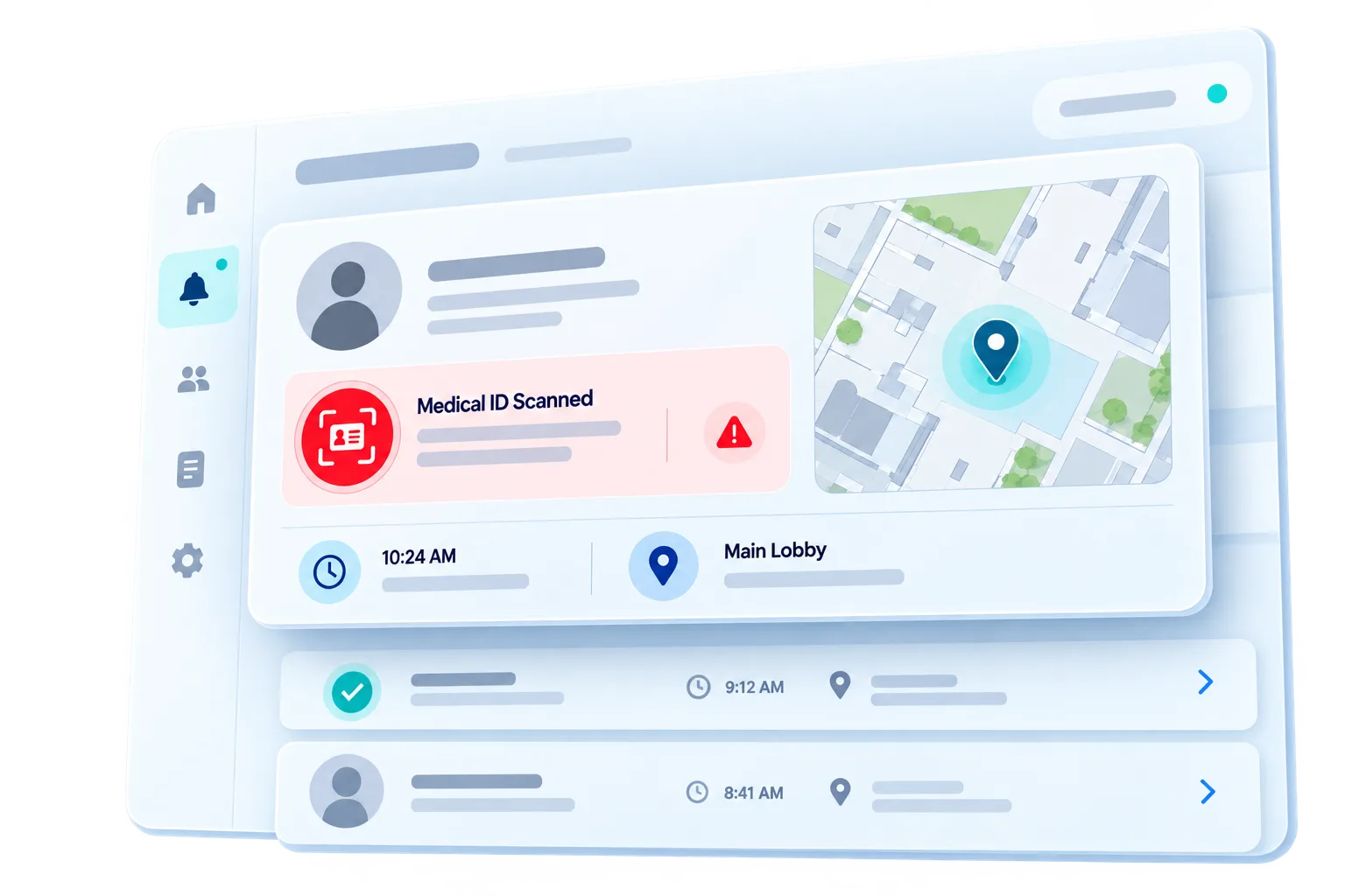 Care dashboard showing a Medical ID scan alert, timestamp and incident location on a map
