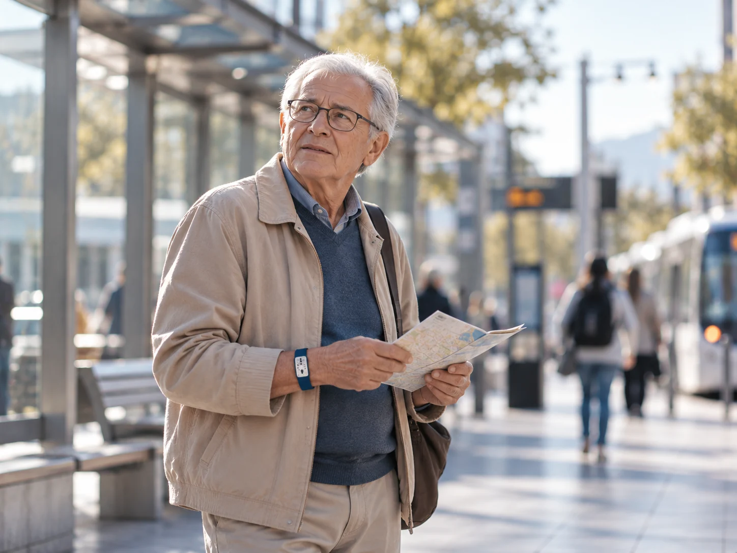 Older man looking for his way near a city transit stop