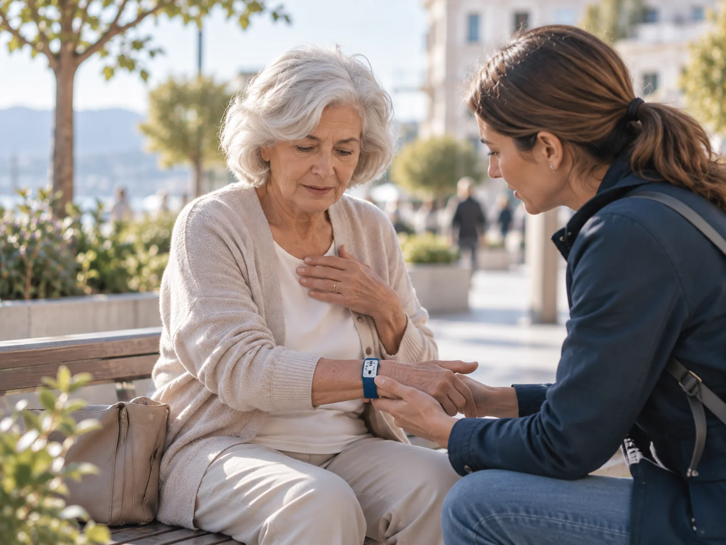 A passer-by offering help to an older woman during a city walk