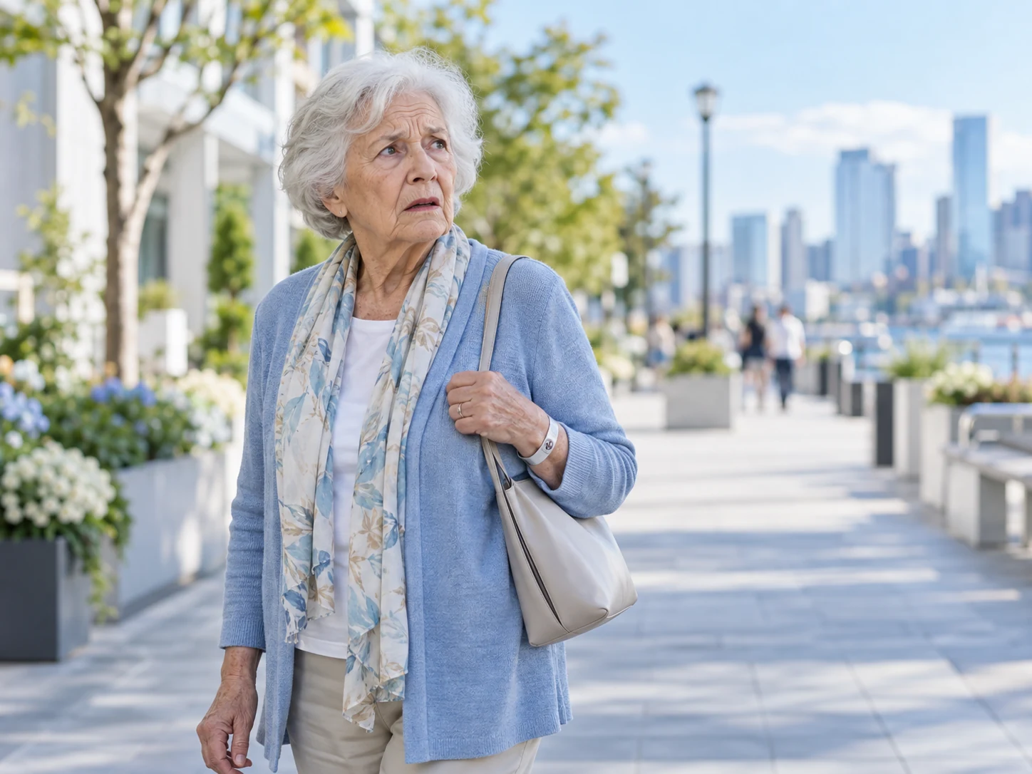 Older woman walking alone along a public waterfront