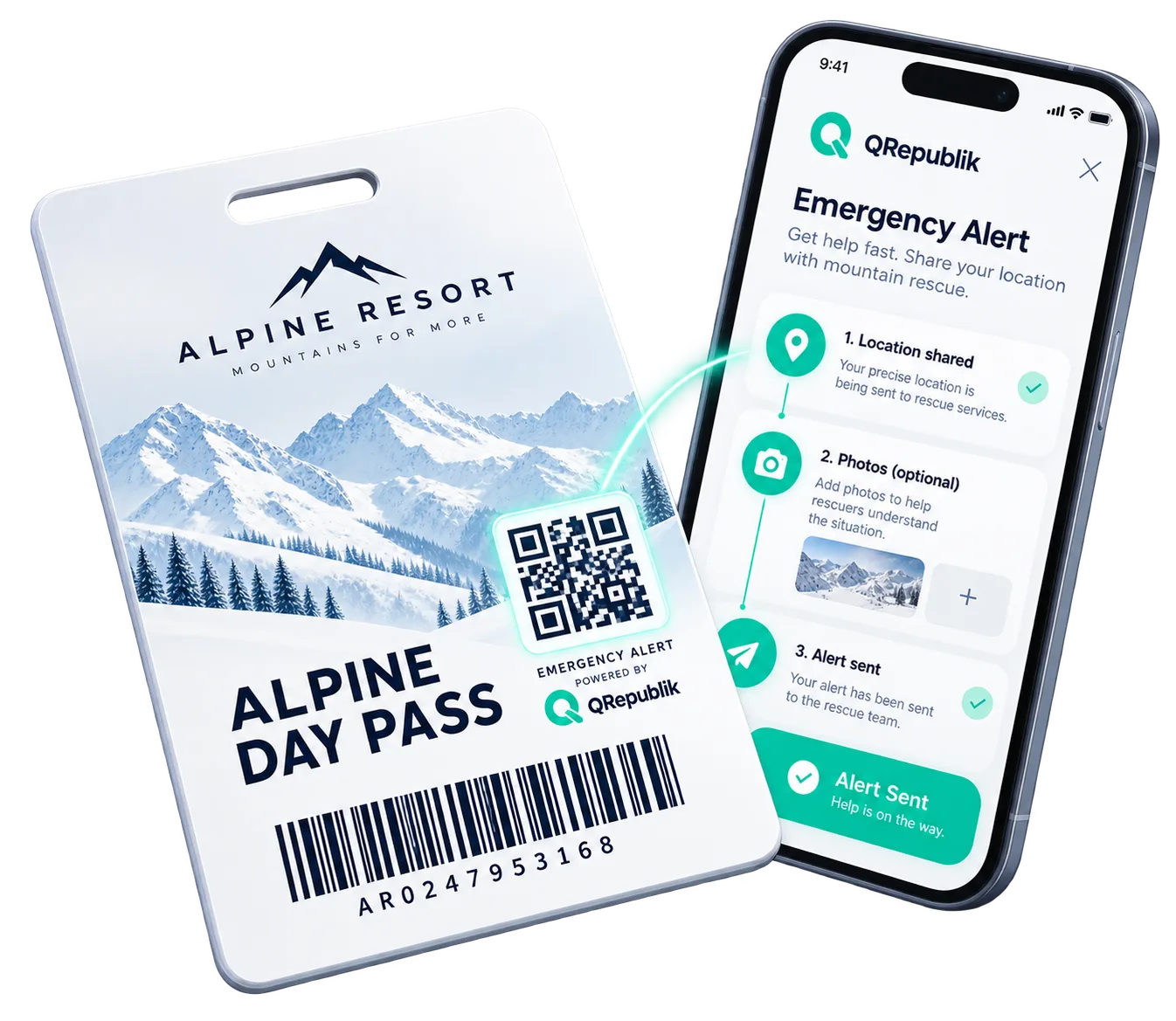 Connected Alpine ski pass with QRepublik emergency alert interface