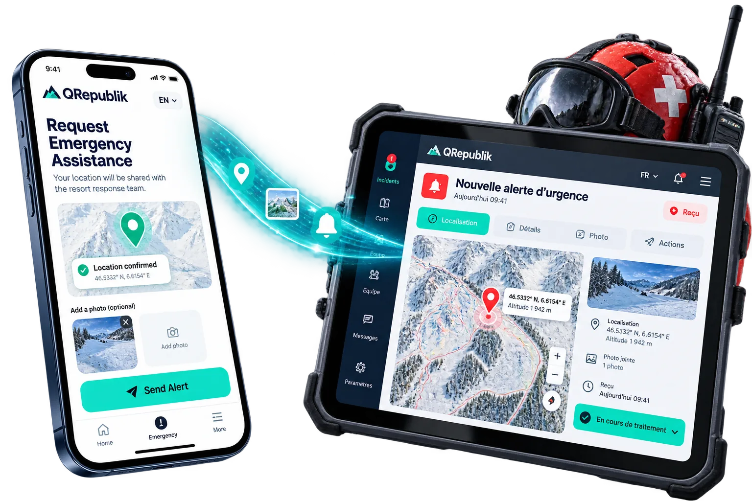 QRepublik emergency alert request and resort response dashboard shown in multiple languages