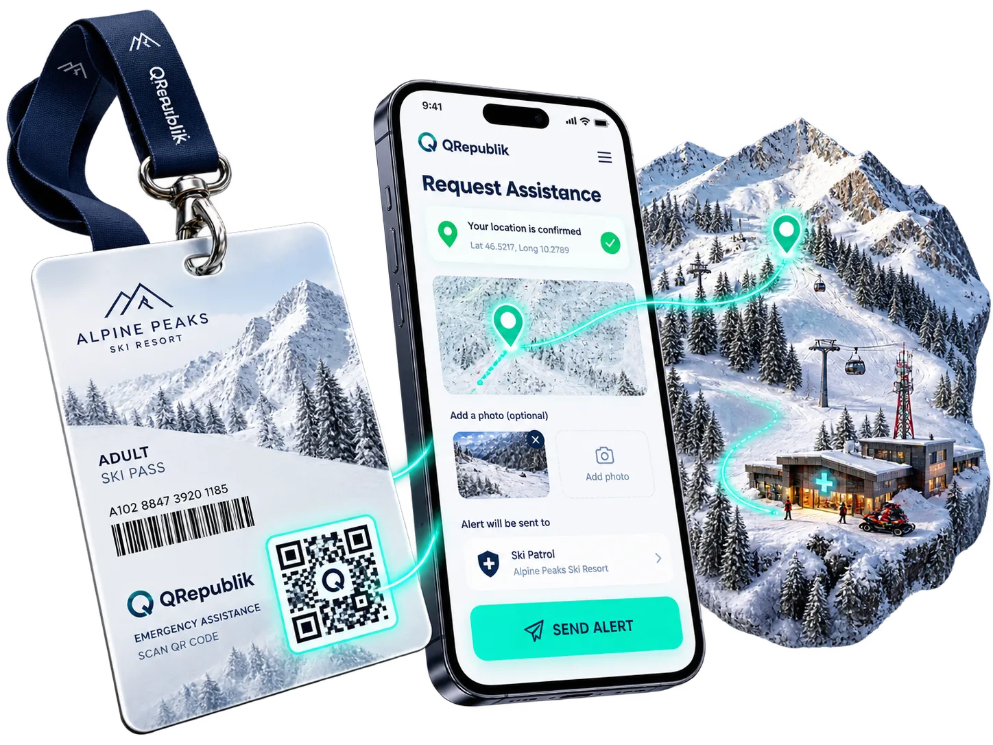 QRepublik QR ski pass, emergency request phone, location route and resort response destination