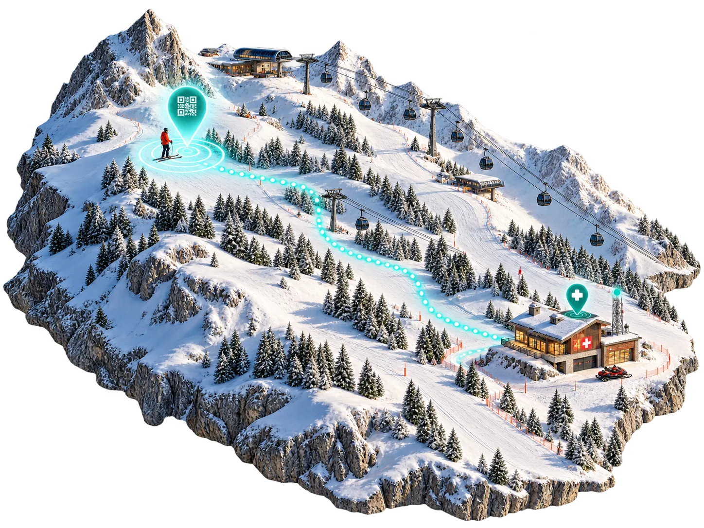Ski resort terrain showing a QR scan location route to a medical response building