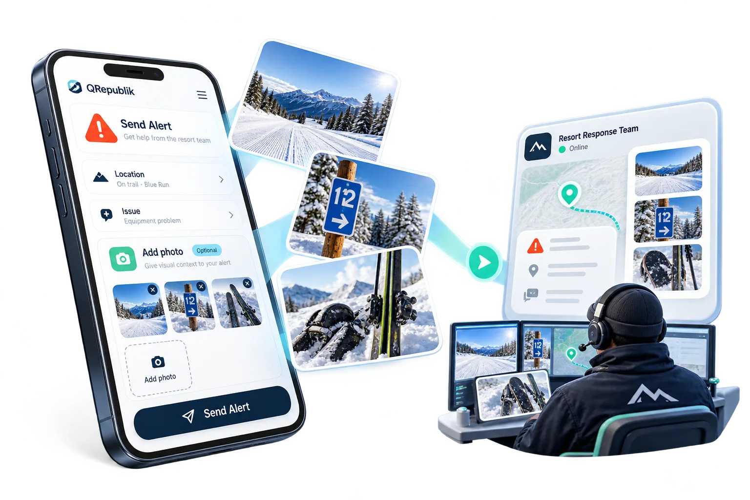 Phone sending optional ski incident photos to a resort response team dashboard